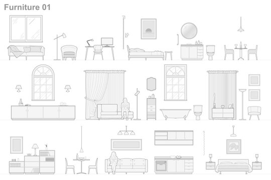 Furniture outline front view architectural designs. Set of isolated linear interior icons. Vector elements for apartments, living room, bedroom, kitchen, bathroom. CAD design.