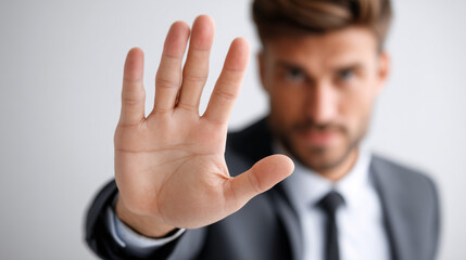 Confident businessman in a suit raising his hand with a stop gesture towards the camera.