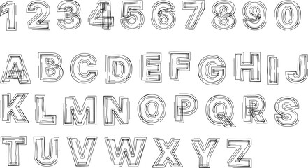 full set of hand-drawn alphabet letters from A-Z and numbers from 0-9, all presented in a modern, outline style with a distinctive brush stroke and doodle-like texture on a clean, solid gray backgroun