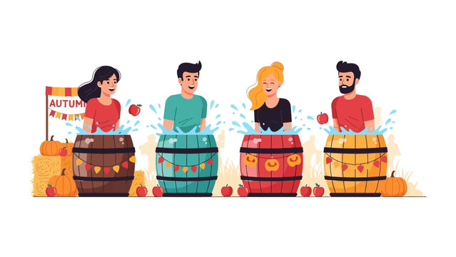 Apple Bobbing Frolic: A vibrant illustration captures the essence of autumn fun as a diverse group of friends enjoy apple bobbing in festive barrels, evoking laughter and camaraderie.