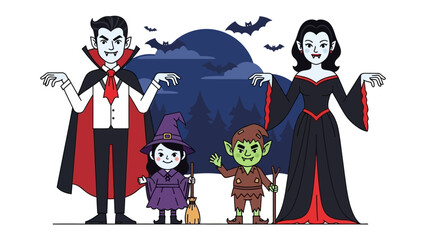 Halloween Illustration: A whimsical, cartoonish illustration presents a family of Halloween characters, including vampire, witch and an elf. A spooky scene with dark and enchanting atmosphere.