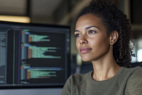 Woman developer leading a team meeting, explaining code on a monitor to her colleagues.