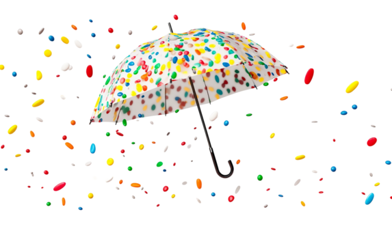 Realistic umbrella raining down colorful candies in a playful concept scene isolated on transparent background PNG
