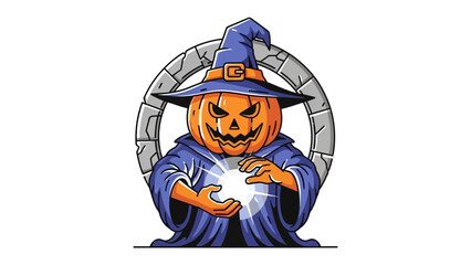 Spooky Pumpkin Sorcerer: A captivating digital illustration showcases a Halloween pumpkin transformed into a magical sorcerer, emanating an aura of mystic power and enchantment. 