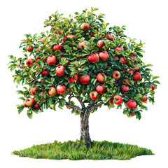 Fototapeta premium a vibrant and detailed illustration depicts a fully fruited apple tree growing on a small patch of green grass against a white background.