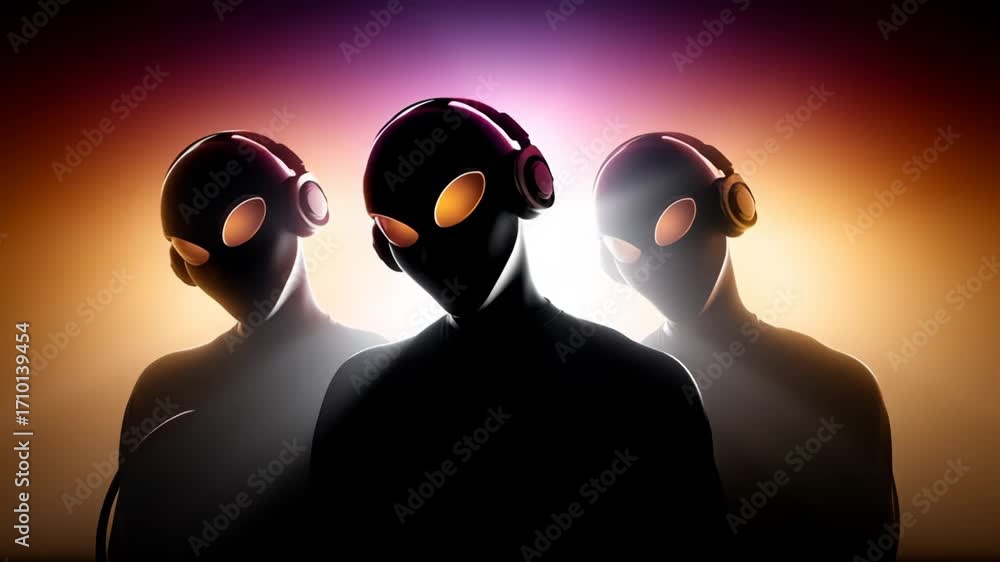 Poster three alien figures with headphones stand in a dynamic formation, showcasing a vibrant gradient back