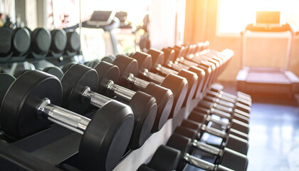 Obraz premium Gym interior with metallic dumbbells on rack, strength and bodybuilding concept.