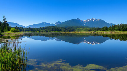 Snow capped mountains mirrored in clear water lake view high resolution picture