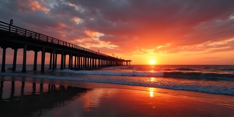 Fototapeta premium Golden sunset pier over tranquil sea