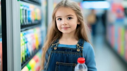 Promoting healthy habits, a young girl selects a bottle of water from a supermarket vending machine filled with colorful sugary drinks