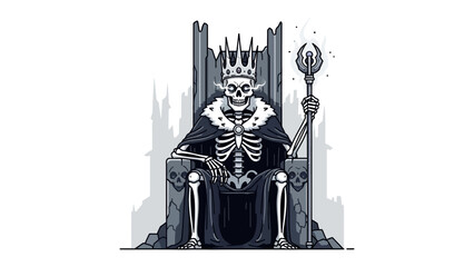 Obraz premium Crowned Skeleton King: An illustration depicts a skeleton king, seated on a throne with a crown and scepter, showcasing an image of authority, power and eerie darkness.