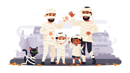 Halloween Family Costume: A warm family dressed as mummies and a friendly black cat wrapped in bandages stand outside houses, capturing the spirit of Halloween.
