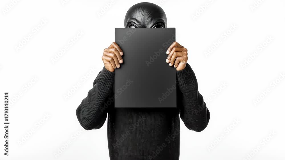 Poster mysterious figure with alien mask holds a blank black sign, gradually raising it to cover face, crea