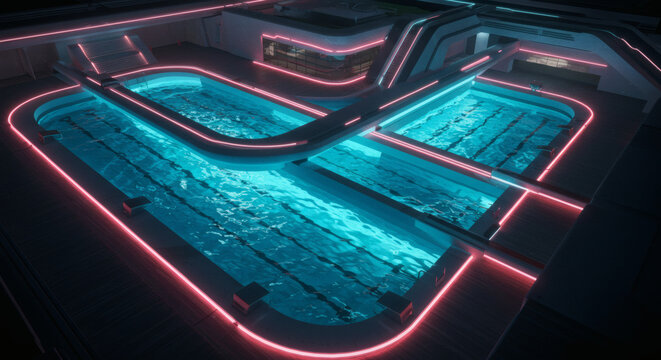 Modern aquatic center with multiple glowing blue swimming pools and vibrant neon accents, a sleek architectural design for futuristic leisure and sport - Powered by Adobe