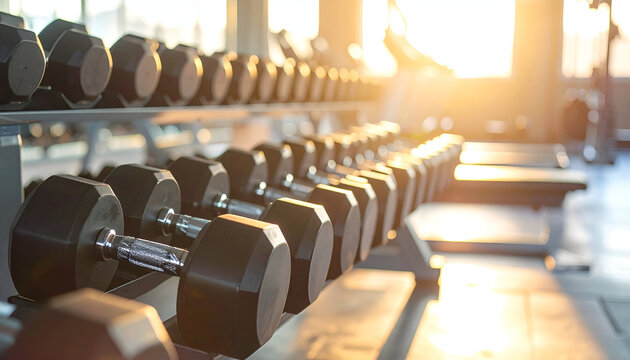 Modern fitness center with rows of weights, workout lifestyle and training equipment. - Powered by Adobe