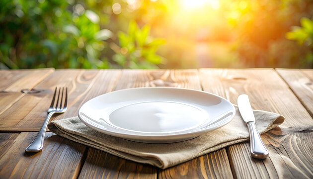 Minimalist table setting with empty plate, fork, and knife on rustic wooden table background.