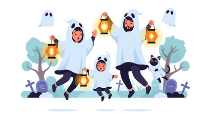Ghostly Gathering: A cheerful family donned in playful ghost costumes joyfully celebrates Halloween, lantern in hand. They are captured against the backdrop of cartoonish scenery.