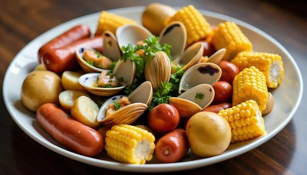 Coastal clam bake with steamed clams, corn, potatoes, and sausages arranged on large platter 
