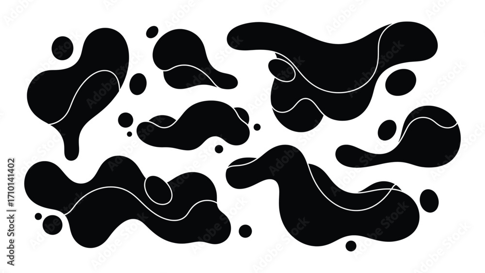 Poster collection of black organic amorphous shapes and blobs isolated on white background
