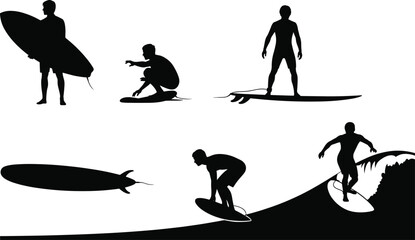 Silhouette of surfer riding wave, surfboard action, beach sport scene