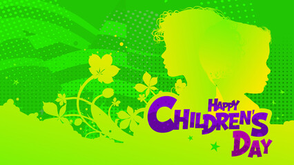 Happy children's day banner with kids silhouettes on green background