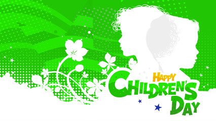 Happy children's day banner with kids silhouettes on green background