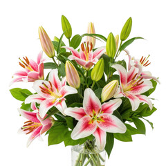 Elegant pink and white lily bouquet arrangement in a clear glass vase transparent background