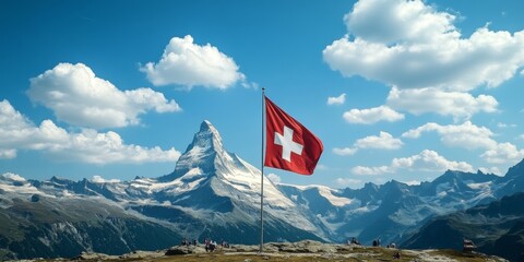 Stunning Scenic View of Matterhorn Mountain Surrounded by Alpine Wilderness and White Clouds