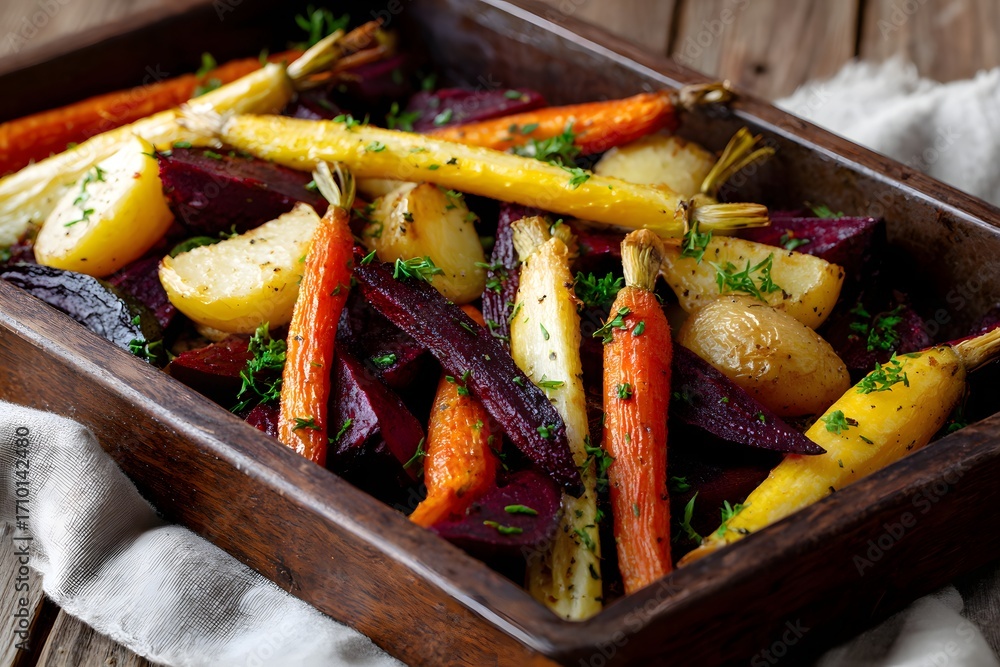 Poster freshly roasted carrots and root vegetables arranged in a rustic tray generative ai