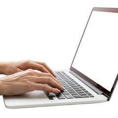 Hands typing on a laptop keyboard with a bright white screen transparent background