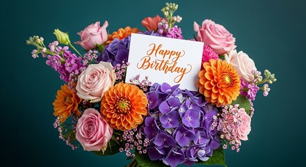Vibrant birthday flower bouquet with happy birthday card and assorted blooms against dark teal background