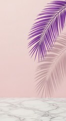 Vibrant purple palm frond casts a soft shadow on a pastel pink wall and marble surface