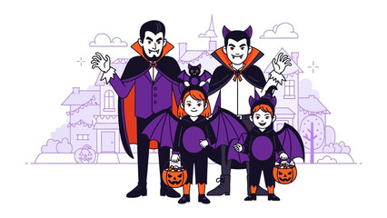 Halloween Family's Costume: A vampire family, donning imaginative costumes, is ready to collect sweets in the spooky and fun night. They stand together with their trick-or-treat bags.