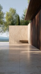 Modern architectural space with marble flooring, wooden wall, and natural landscape view