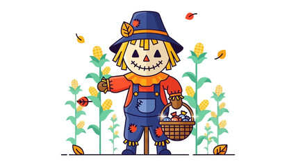 Autumn Scarecrow in Cornfield: A whimsical scarecrow, stands amidst a vibrant cornfield, painted with autumnal colors. It wears a friendly smile as it symbolizes the spirit of the harvest season.