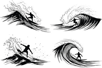 Silhouette of surfers riding ocean waves, extreme water sport, surfing action, dynamic motion, wave splash, summer beach activity, adrenaline rush, surfing adventure.