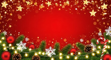 Festive red christmas background with sparkling golden stars and twinkling lights adorned with pine branches