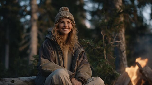 A woman in a parka and pom-pom hat enjoys a cozy campfire in the woods, bathed in soft golden sunlight filtering through tall trees.