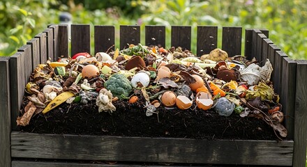 Close up view of a full compost bin filled with organic kitchen scraps and garden waste for recycling