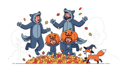 Family Halloween Celebration: A whimsical illustration captures a family of four, each in unique Halloween costumes. The scene is a joyful display of the holiday spirit.