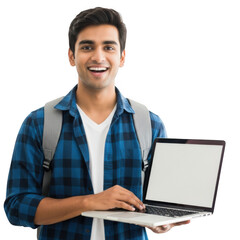Young man smiling holding laptop backpack ready for education and technology opportunities transparent background