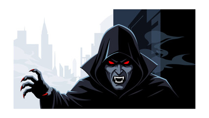 Vampire's Vengeance: A stylized vampire, embodying a dark narrative and thrilling aesthetic, against a silhouette of a foreboding city skyline and evoking a sense of suspense and impending terror.