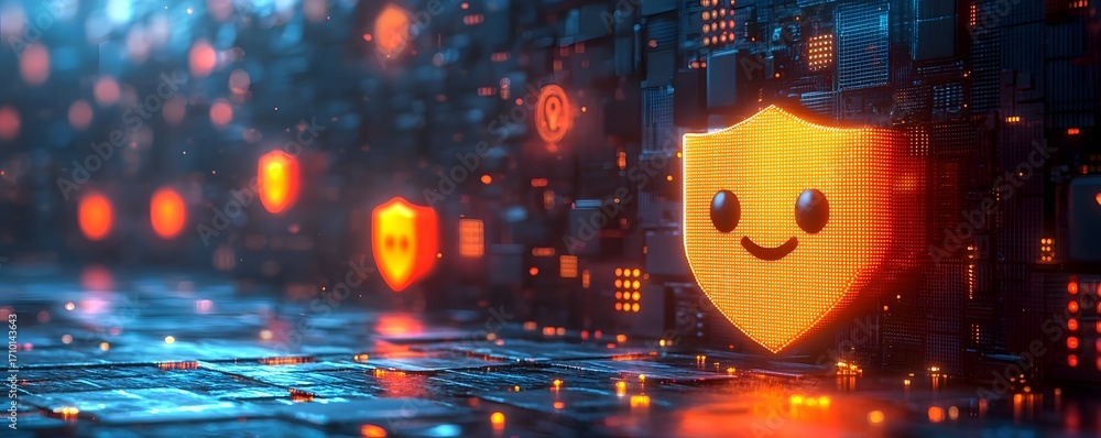 Aufkleber a friendly digital shield icon glows in a futuristic cyberspace network with abstract lights
