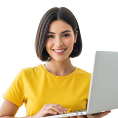 Smiling young woman holds laptop in yellow shirt ready for work or study transparent background
