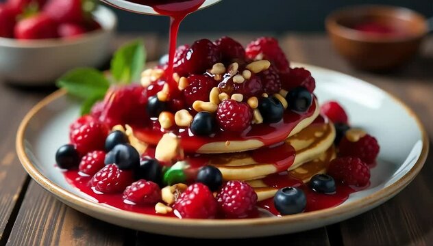 Colorful compote poured over pancakes with nuts and fresh berries on rustic plate 