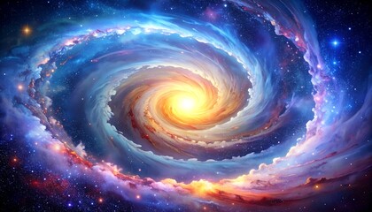 A vibrant and colorful depiction of a swirling galaxy, with a bright golden core and nebulous arms