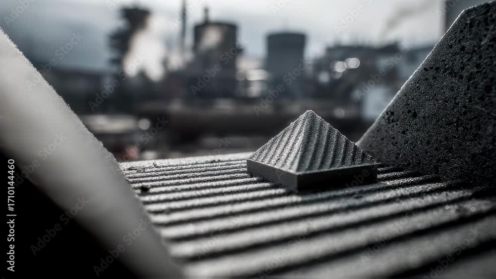 Aufkleber Closeup medium view of composite 3D printed electronic housing in sharp focus emphasizing layered textures with an out of focus industrial setting behind.
