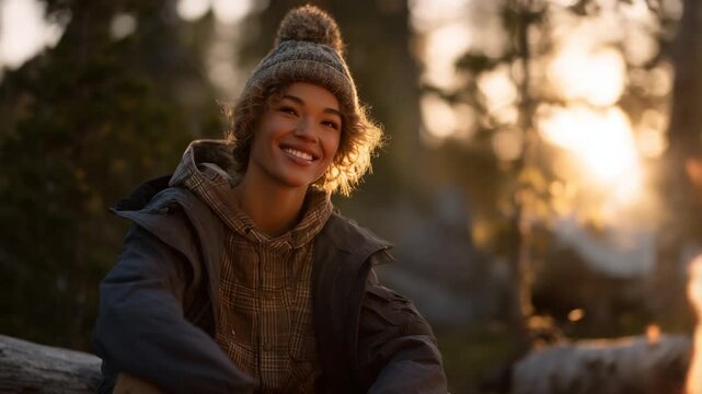 A woman in a parka and pom-pom hat enjoys a cozy campfire in the woods, bathed in soft golden sunlight filtering through tall trees.
