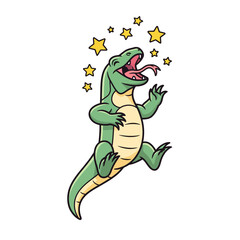 Obraz premium Happy cartoon komodo dragon mascot jumping with joy and seeing stars, a funny reptile
