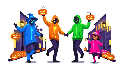 Halloween Gathering: A group of playful figures joyfully march down a festive street, each holding a glowing Jack O'Lantern, celebrating the spirit of Halloween. 